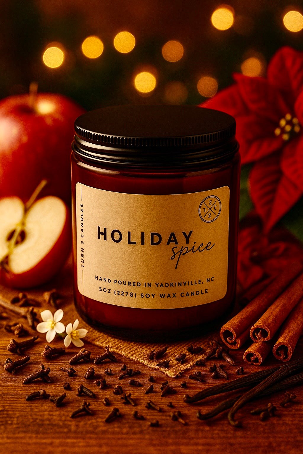 Amber jar candle with holiday spice scent in eco-friendly soy wax jar