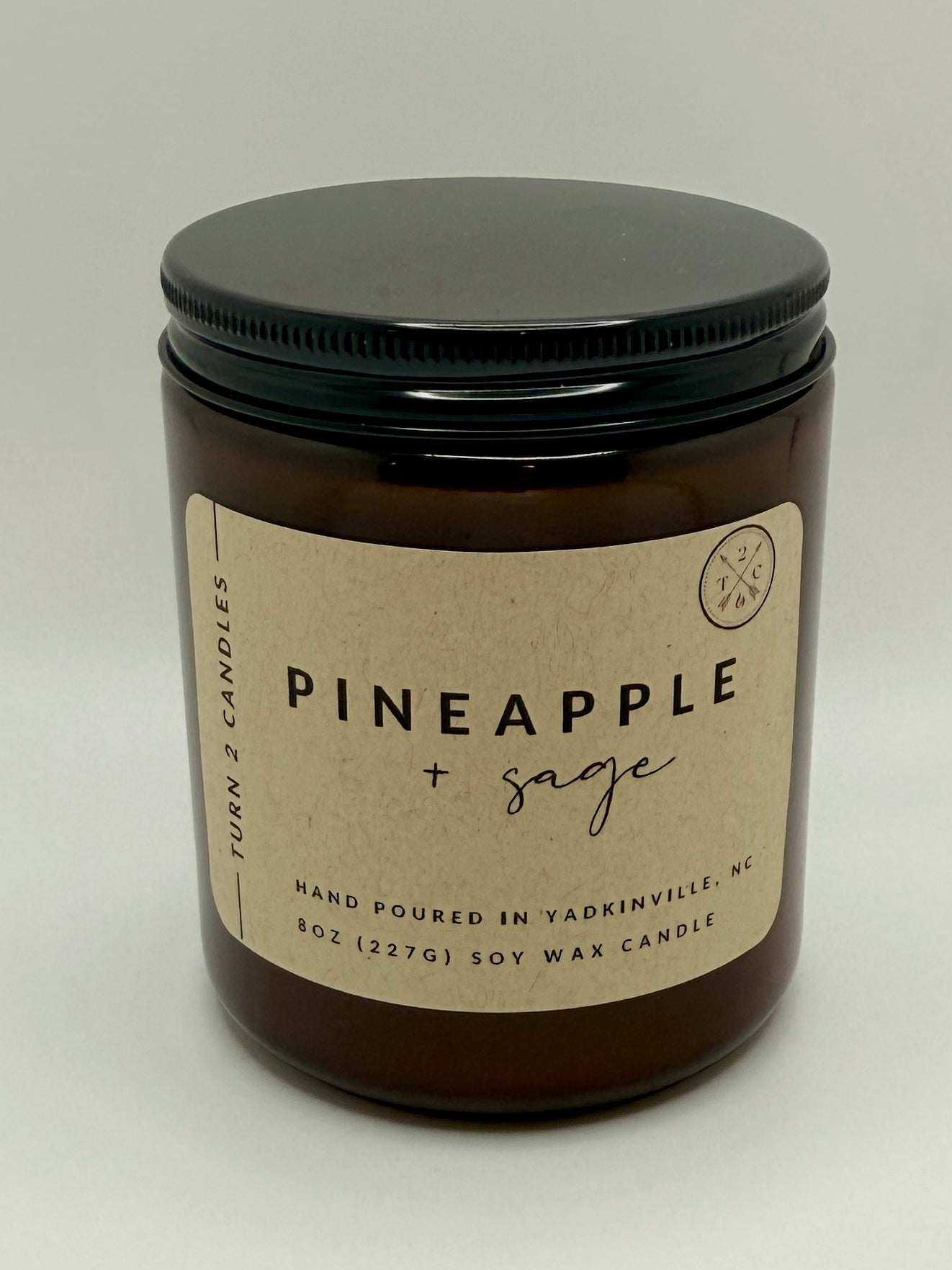 8oz amber jar candle with pineapple and sage scent, hand-poured soy wax in amber glass