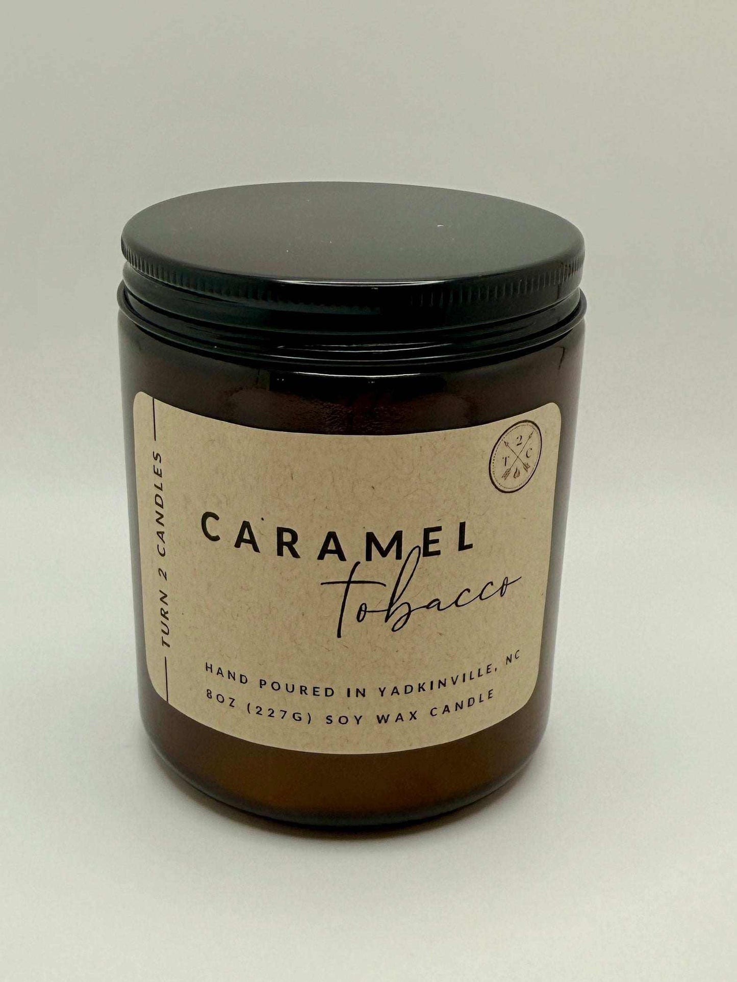 8oz amber jar candle with caramel tobacco scent, hand-poured soy wax, eco-friendly and clean burning