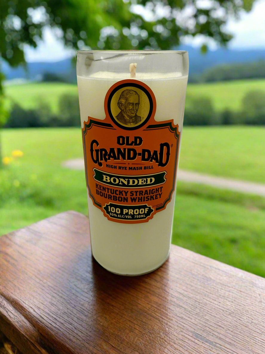 Upcycled whiskey bottle candle made from Old Grand-Dad bourbon bottle with Kentucky Trail fragrance