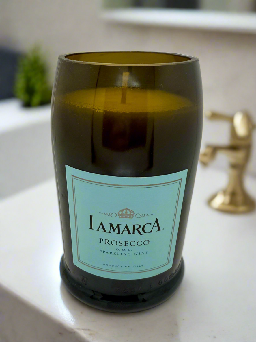 Upcycled Prosecco bottle candle with black cardamom and cream fragrance, 5.5 inch height, 80-hour burn time