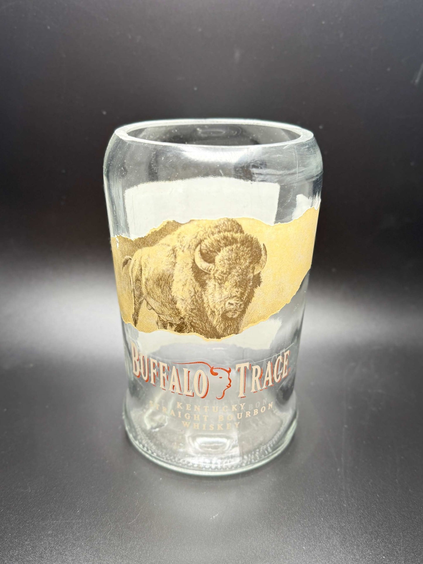 Upcycled whiskey bottle candle holder made from Buffalo Trace bottle for custom soy candle