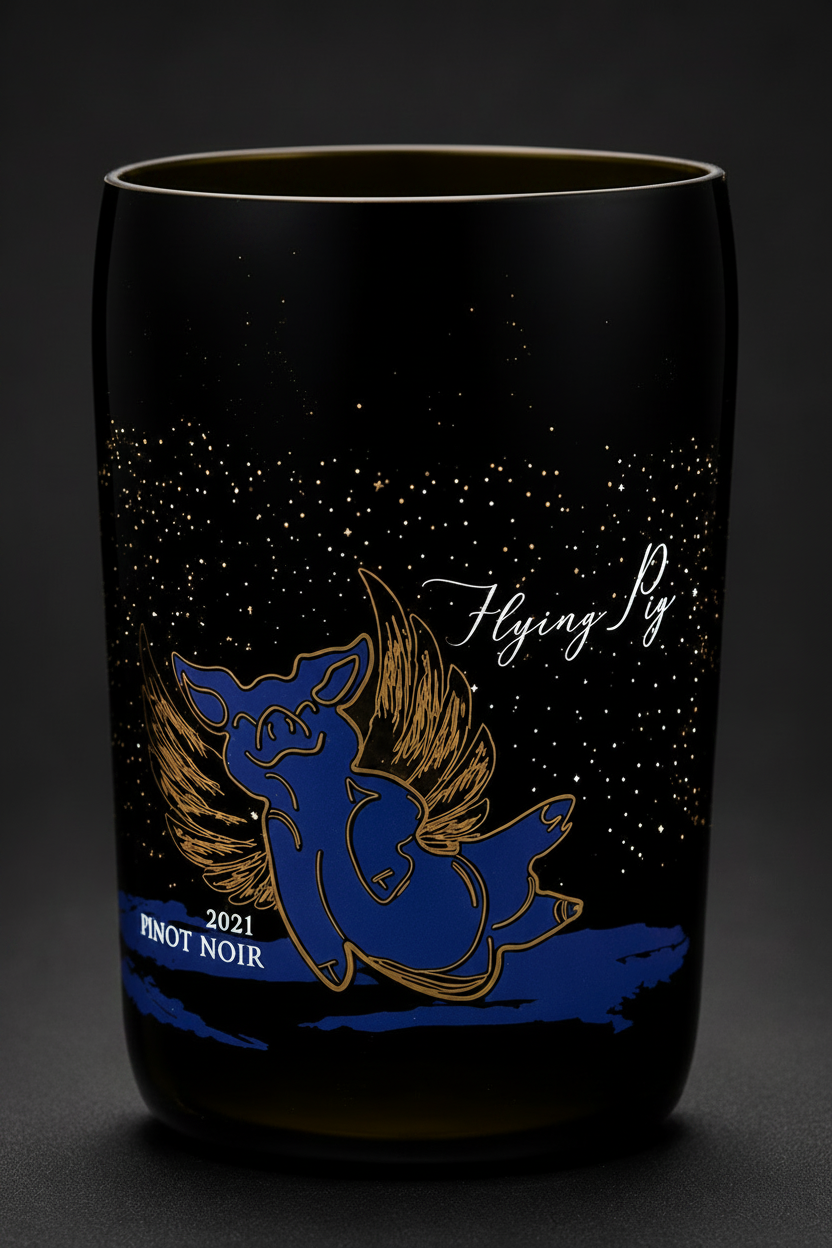 Black tumbler with 'Flying Pig' design and text on a dark background