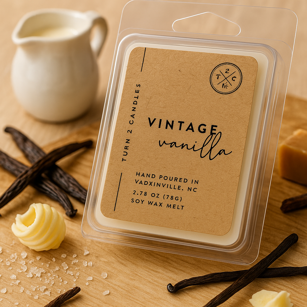 Premium wax melts in vintage vanilla scent, hand-poured soy wax cubes for clean, long-lasting fragrance