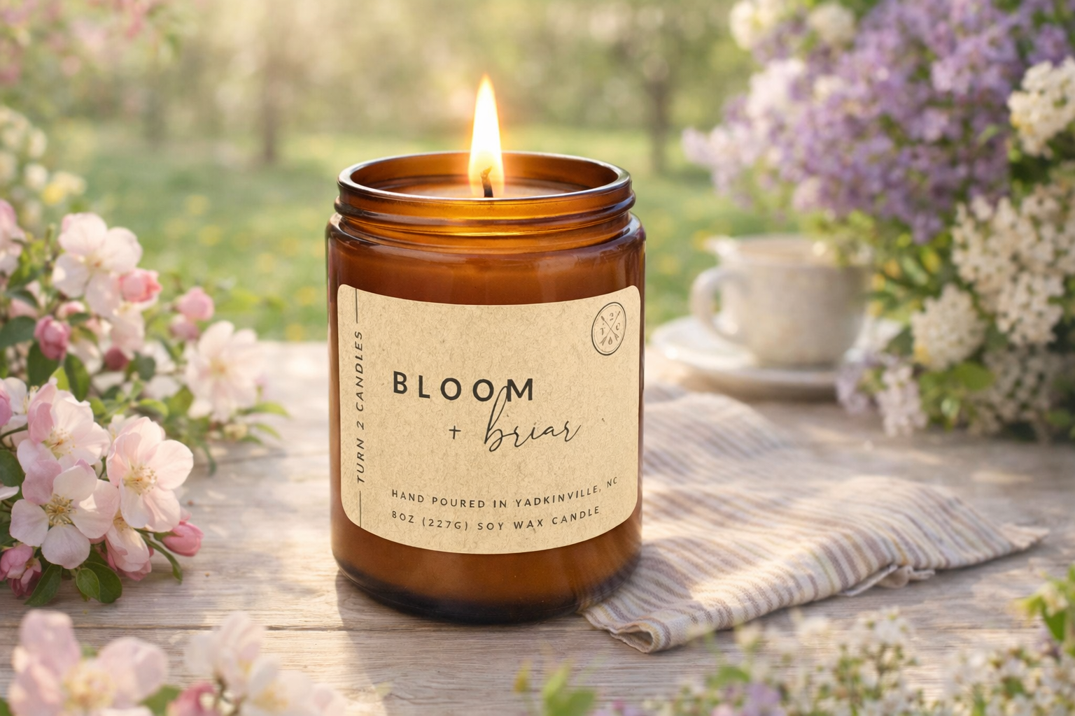 Candle in an amber jar labeled 'Bloom & Briar' on a wooden surface with flowers and a teacup in the background.