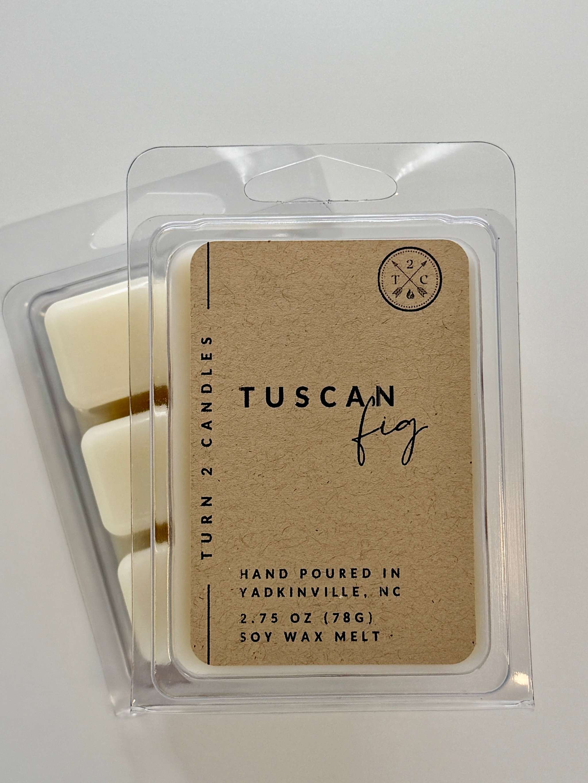 Premium wax melts in Tuscan fig scent, hand-poured soy wax cubes in clear packaging