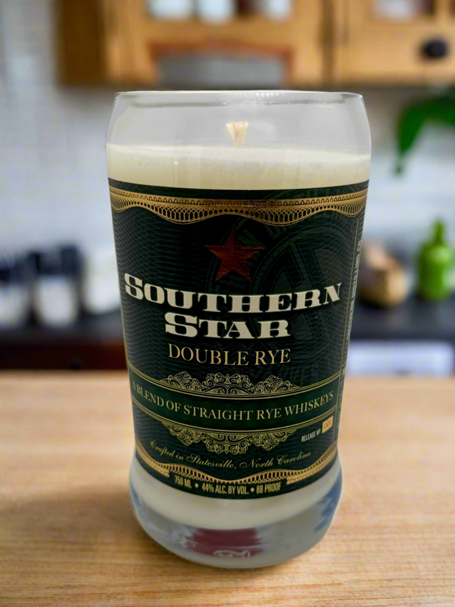 Upcycled Whiskey Bottle Candle with Moroccan Cashmere and Leather scent in a recycled Southern Star whiskey bottle
