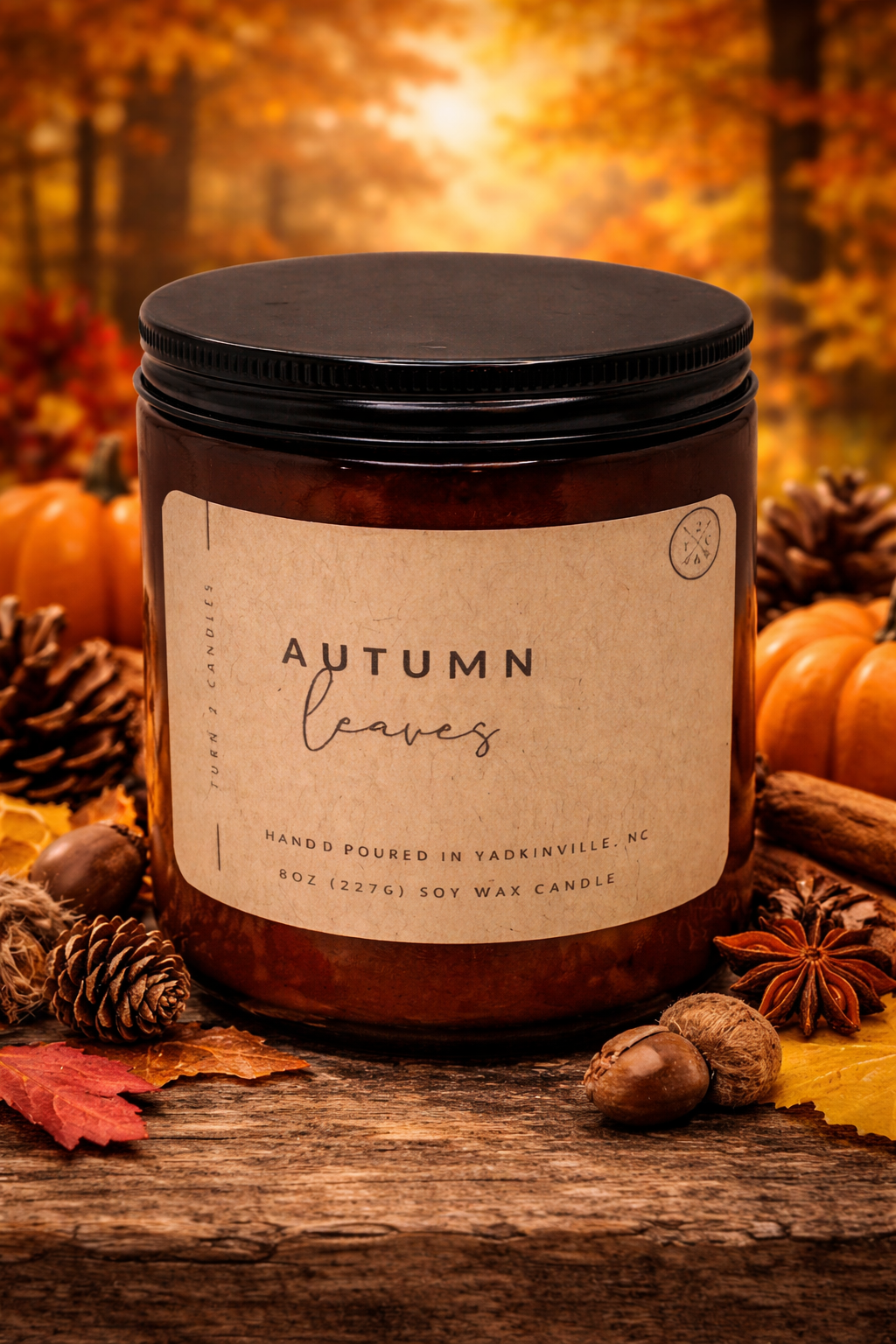 Autumn Leaves soy wax candle in amber glass jar, fall spice scented candle
