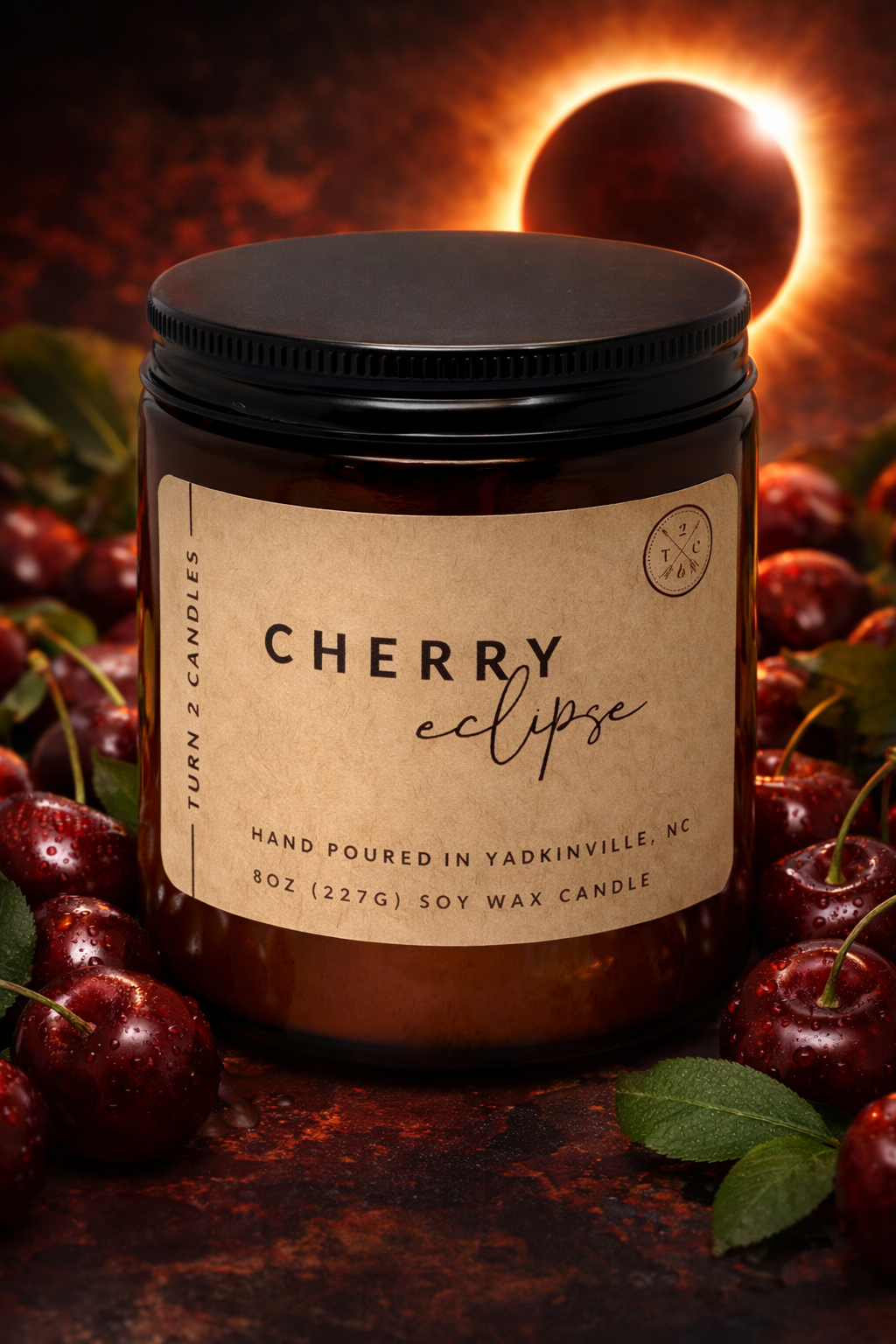 Candle jar labeled 'Cherry Eclipse' surrounded by cherries with a dark background