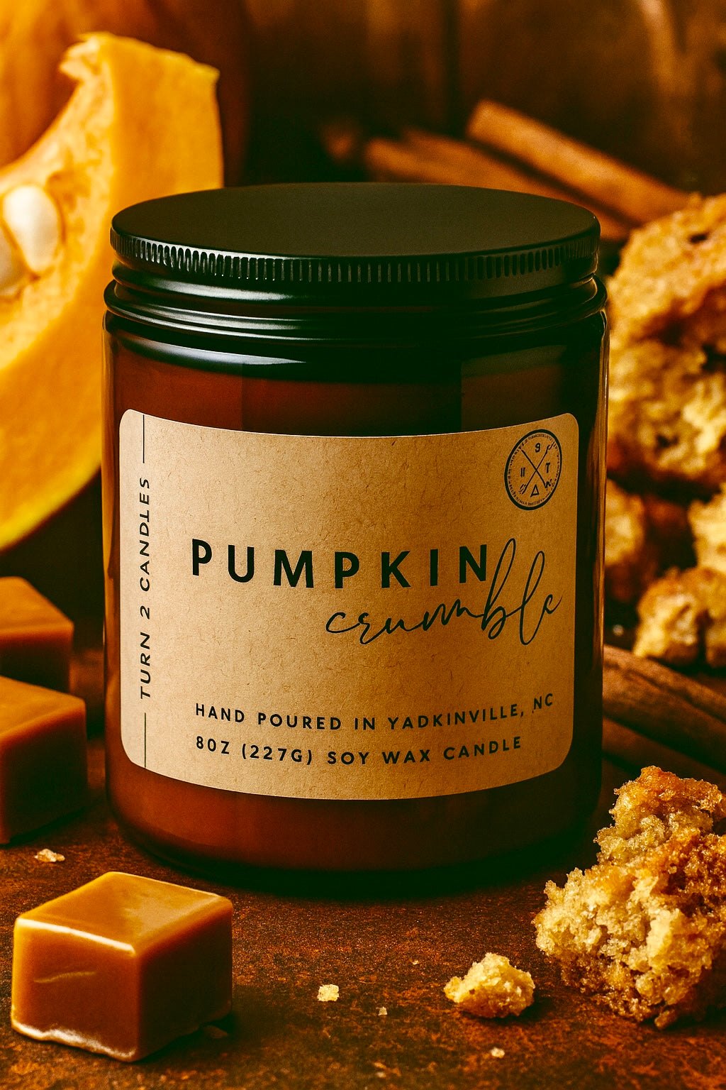 8oz amber jar candle with pumpkin crumble scent, hand-poured soy wax in amber glass jar
