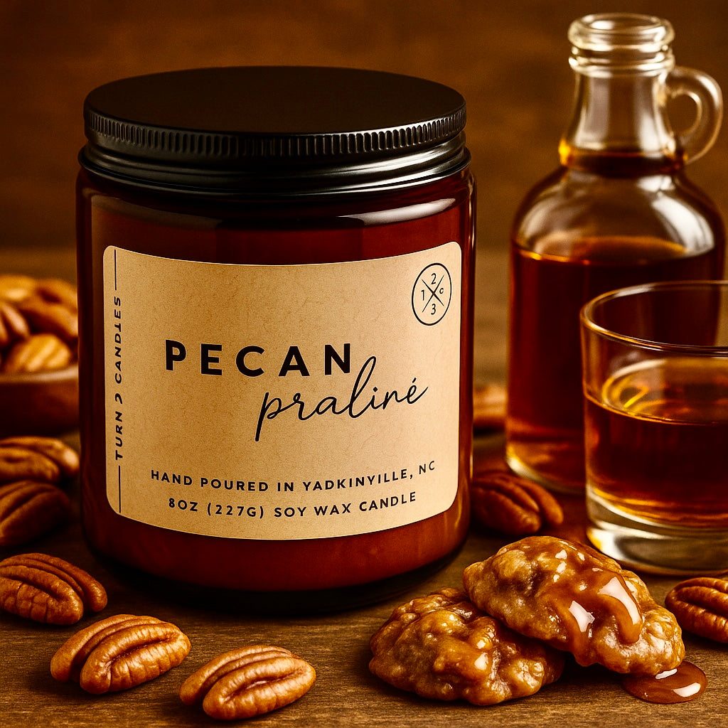 8oz amber jar soy candle with pecan praline scent, hand-poured, eco-friendly, clean-burning, long-lasting fragrance