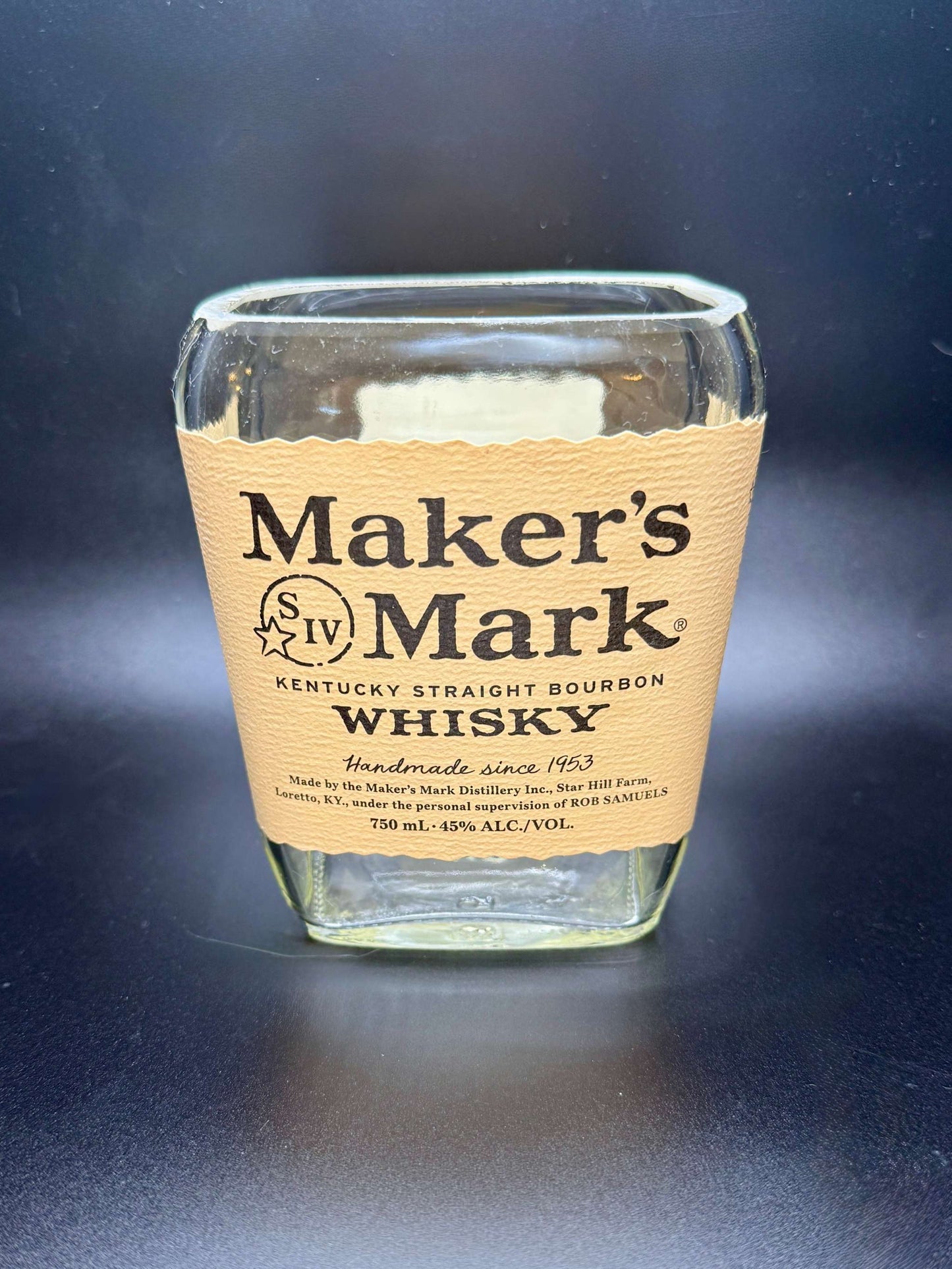 Whiskey Bottle Candle in upcycled Maker's Mark bottle with custom fragrance option and double wick soy candle