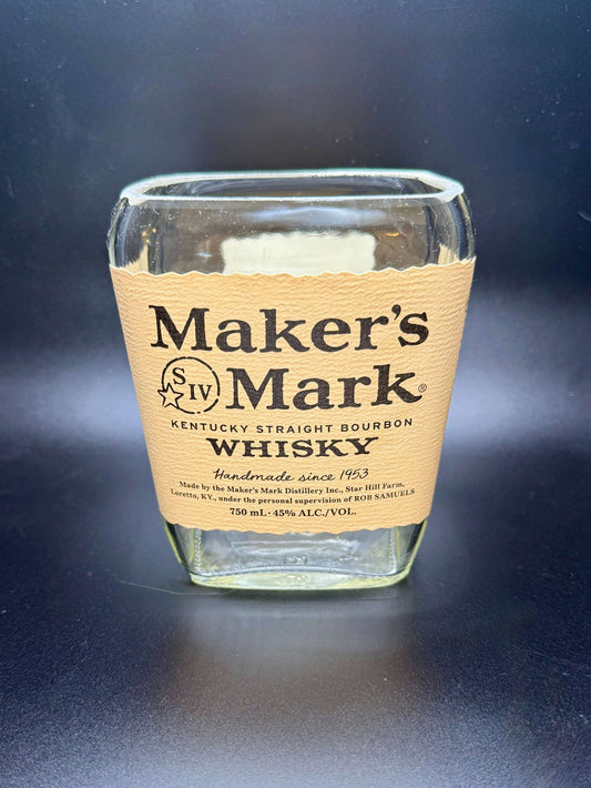 Whiskey Bottle Candle in upcycled Maker's Mark bottle with custom fragrance option and double wick soy candle