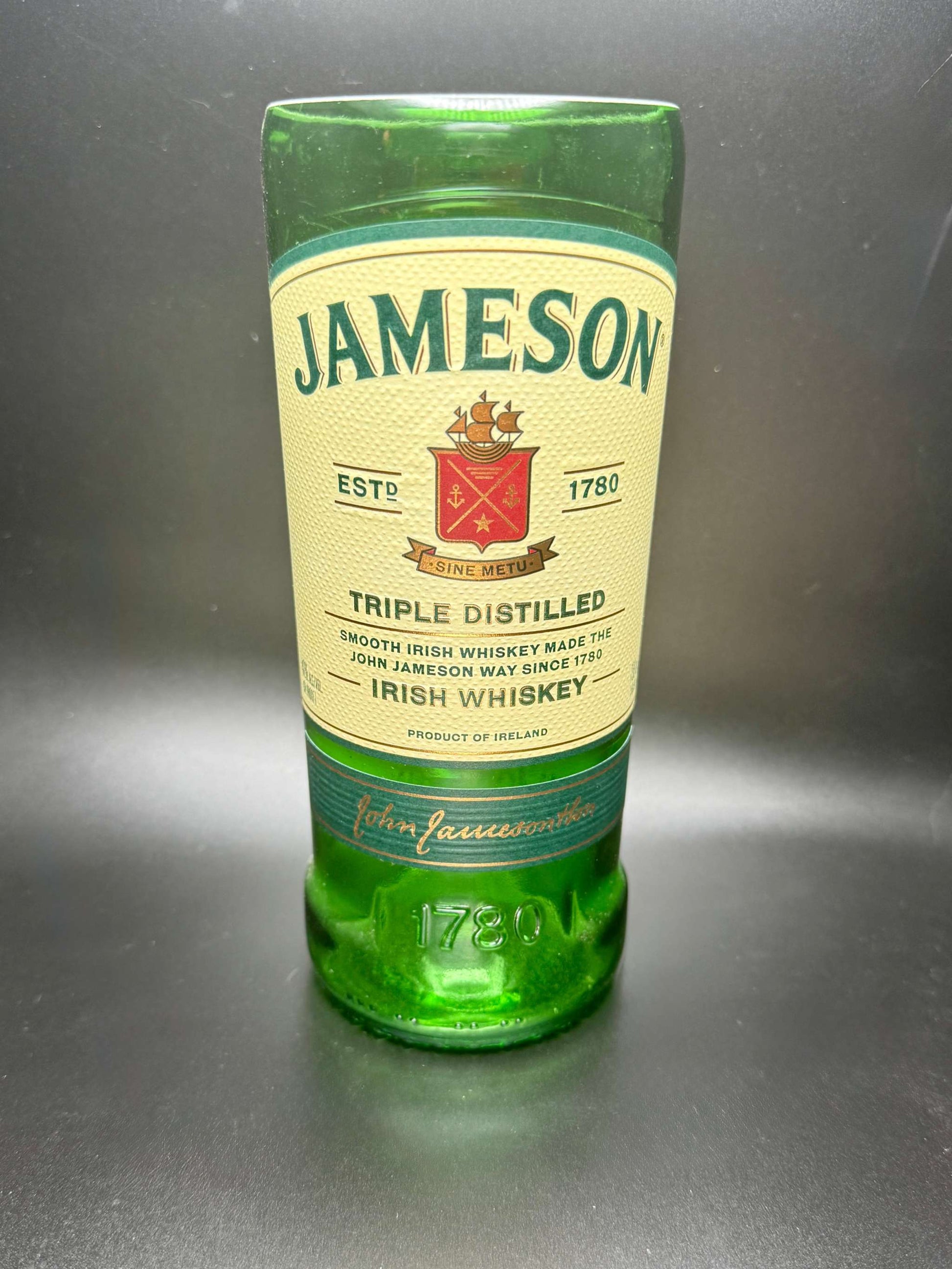 Whiskey Bottle Candle made from upcycled Jameson whiskey bottle with double wick soy candle inside