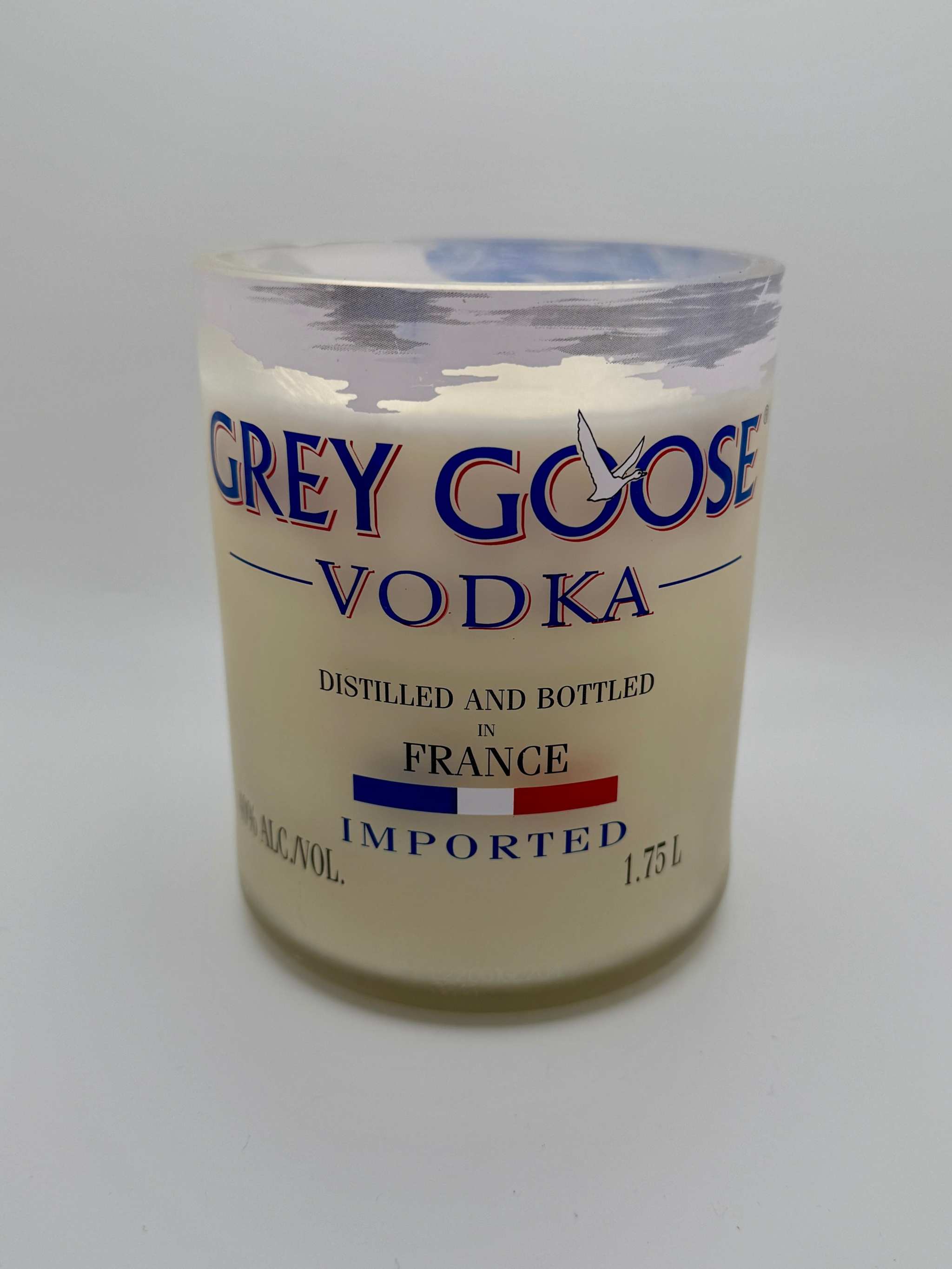 Upcycled Vodka Bottle Candle with Day at the Spa fragrance in a Grey Goose bottle container