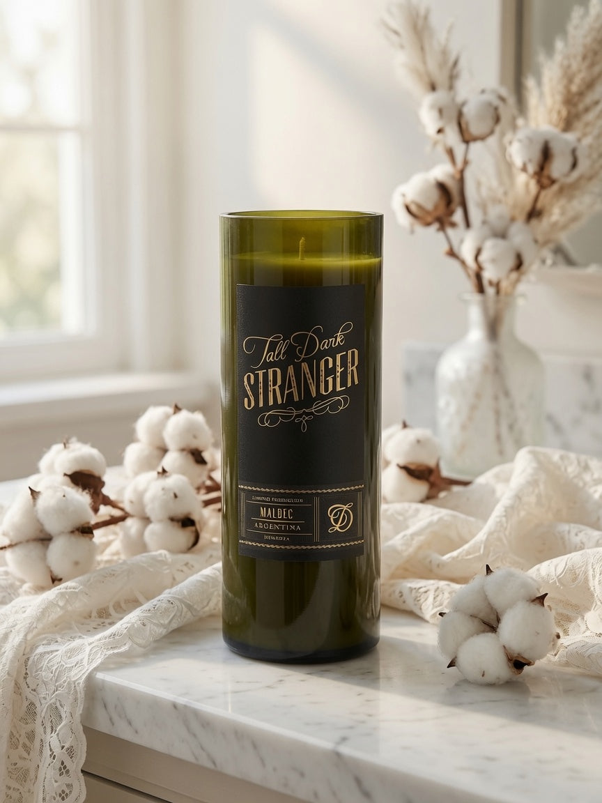 Upcycled Tall Dark Stranger Wine Bottle Candle | Heirloom Cotton Soy Candle