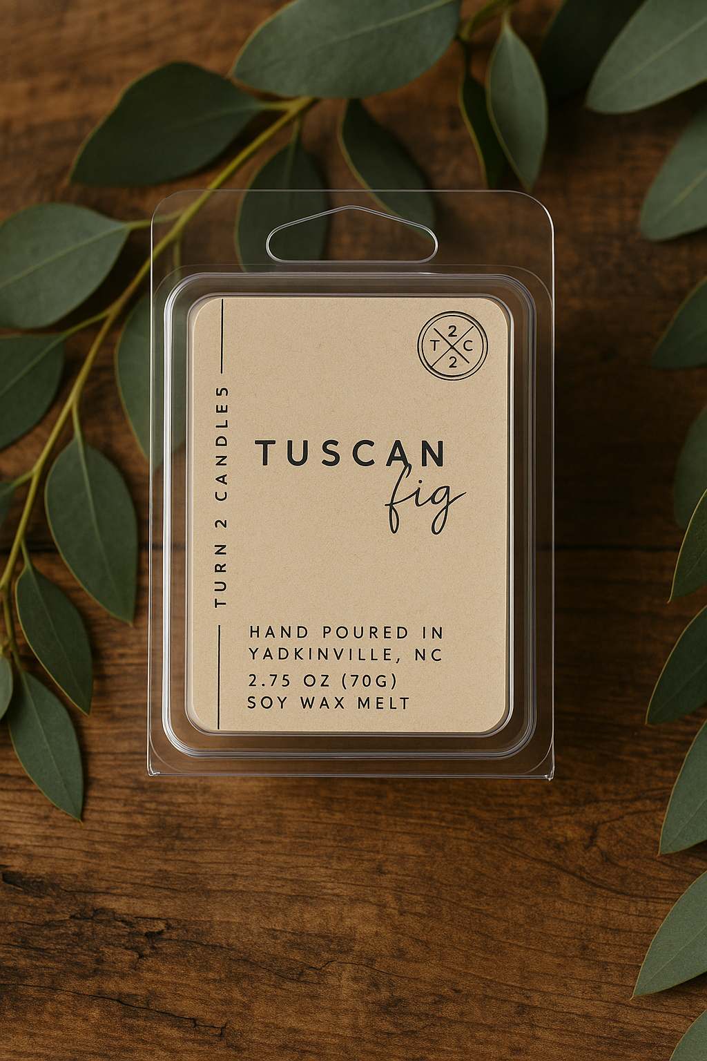 Premium wax melts in tuscan fig scent, hand-poured soy wax, eco-friendly packaging, 2.75 oz weight.