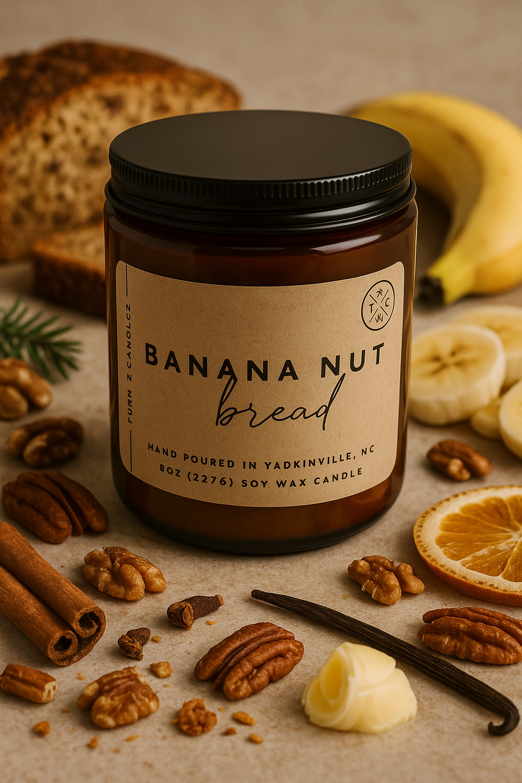 8oz amber jar candle with banana nut bread scent surrounded by nuts and spices