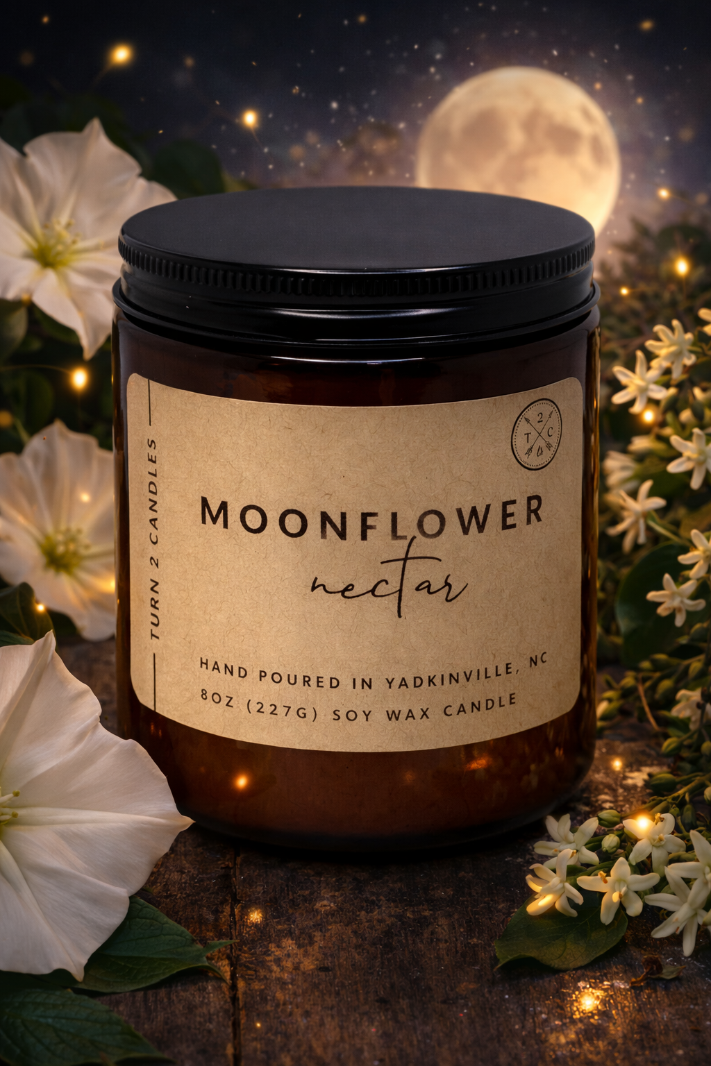 Moonflower nectar candle with a label against a moonlit night background