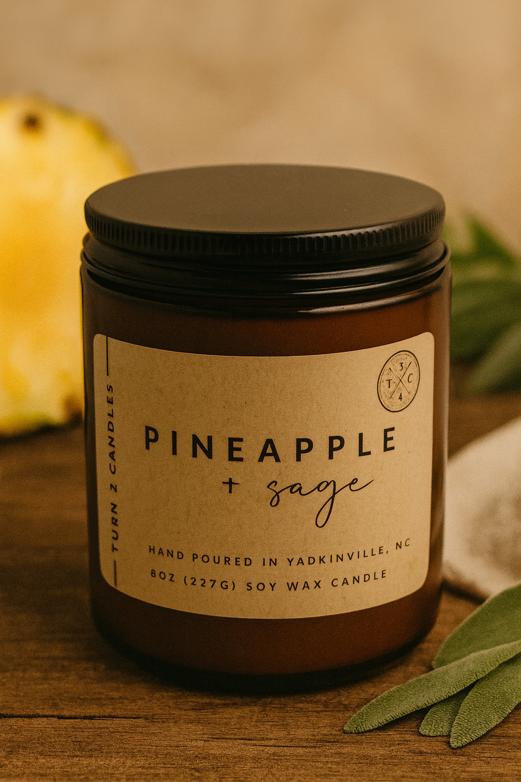 Pineapple Sage soy wax candle in amber glass jar, fruity herbal scented candle