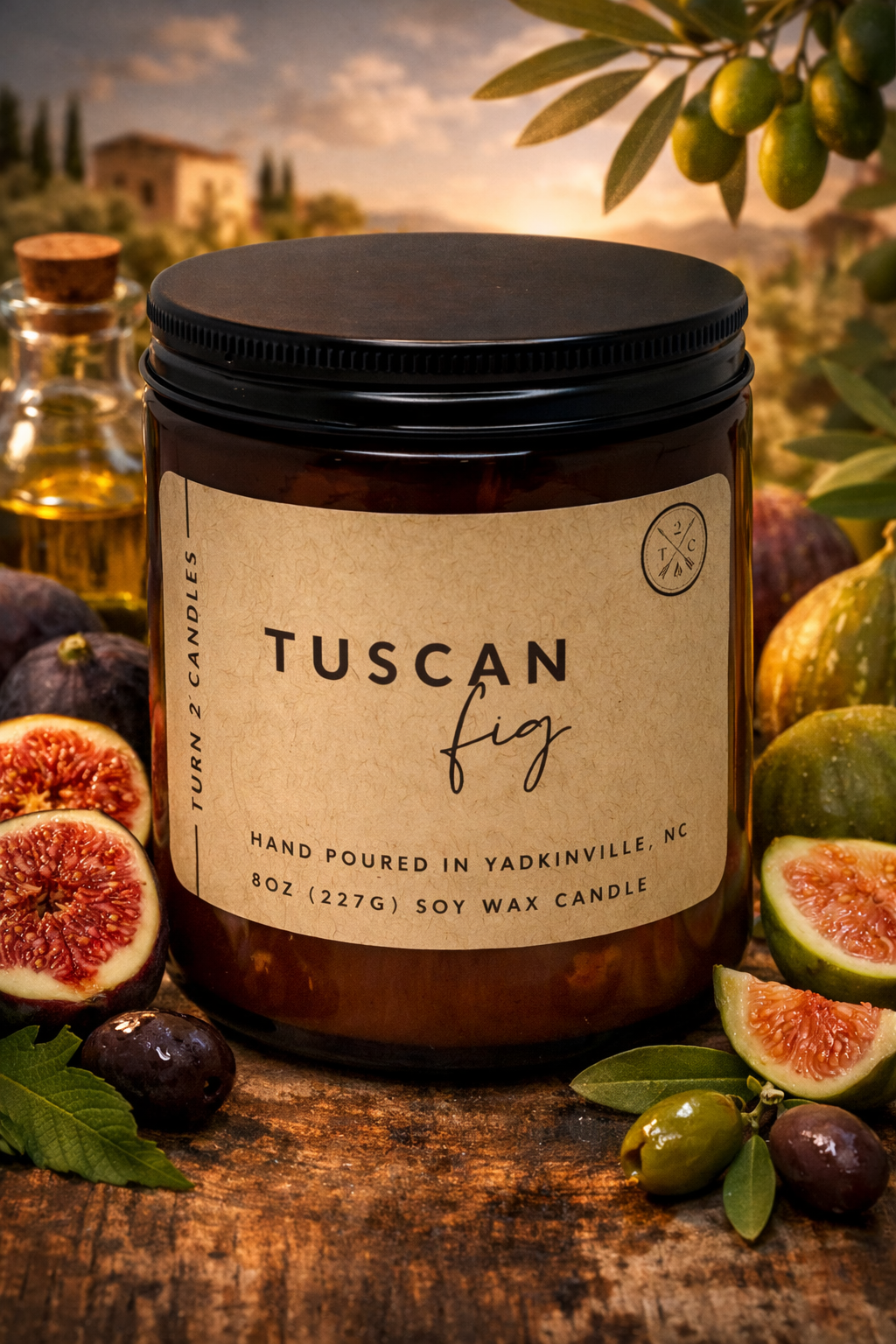 Tuscan Fig soy wax candle in amber glass jar, green fig earthy candle