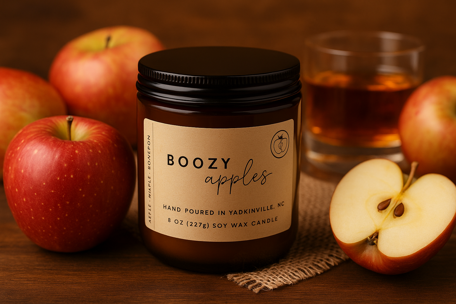 Candle labeled 'Boozy Apples' surrounded by apples and a glass of liquid on a wooden surface.